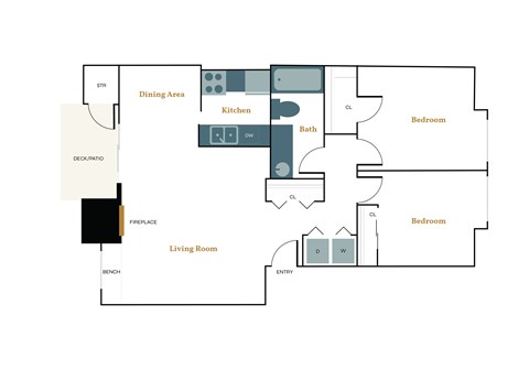 Floor plan for 2 beds, 2 baths, 901 sqft